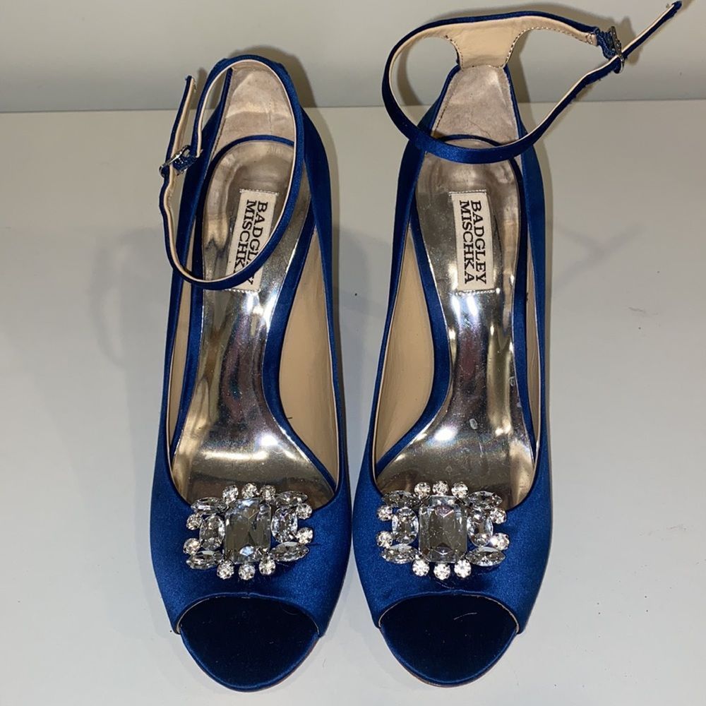 Badgley Mischka Blue Kali Satin Ankle-strap Pumps - Picture 3 of 12
